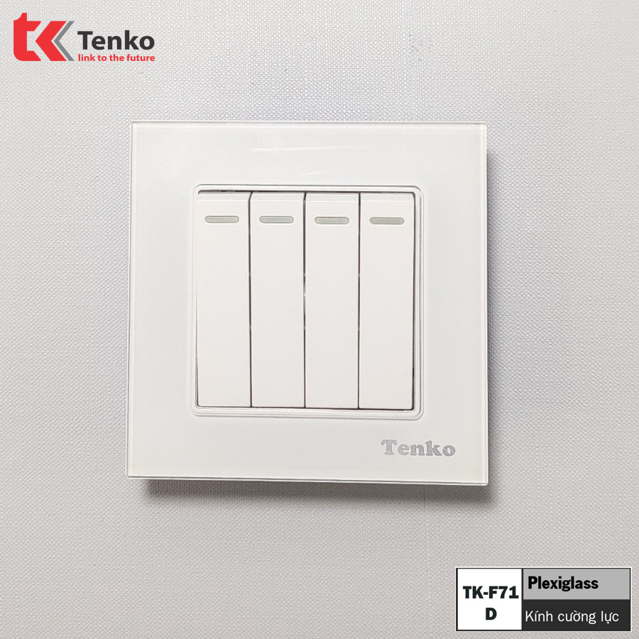 công tắc âm tường 4 nút bấm mặt vuông kính cường lực tenko tk-f71-d-04 màu trắng