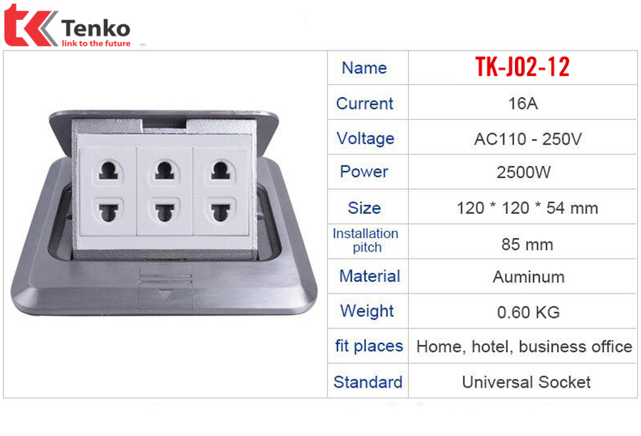 thông số ổ cắm điên âm sàn thông dụng chất liệu nhôm cao cấp tenko tk-j02-12 màu bạc