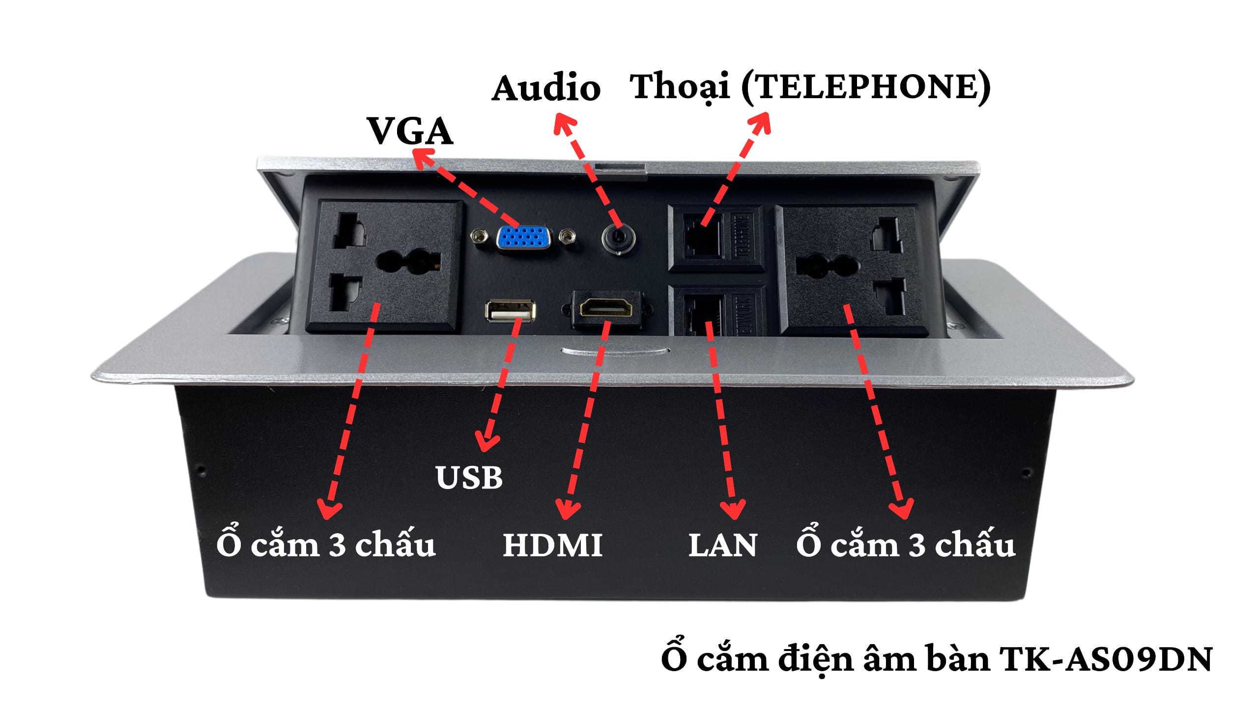 Ổ điện âm bàn họp tích hợp các cổng HDMI/VGA/RJ45/TELEPHONE kèm 2 ổ cắm đôi 3 chấu