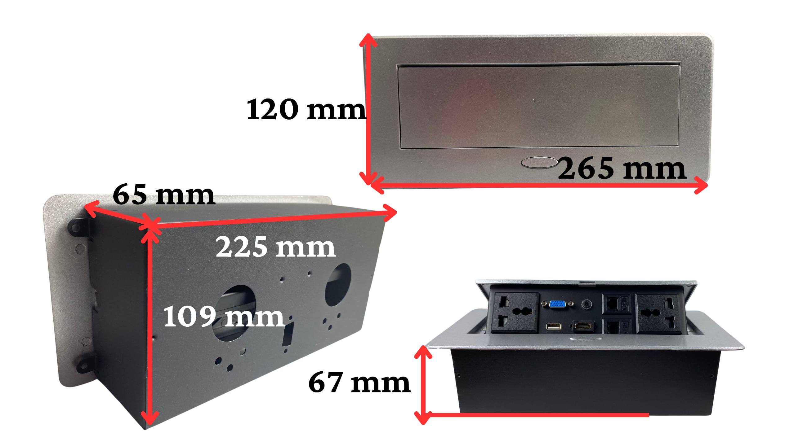 Ổ điện âm bàn họp tích hợp các cổng HDMI/VGA/RJ45/TELEPHONE kèm 2 ổ cắm đôi 3 chấu