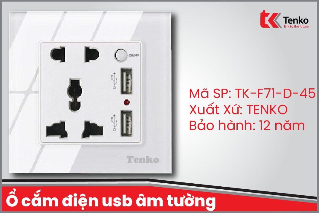 Ổ Cắm Điện USB Âm Tường Mặt Kính Cường Lực TK-F71-D-45 Có Nút Nguồn Trắng