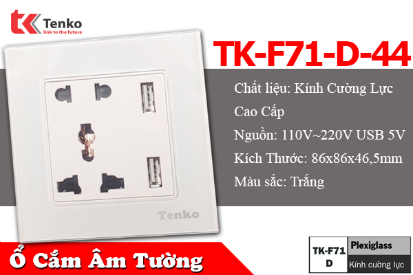 Ổ Cắm USB Âm Tường Mặt Kính Cường Lực Tenko TK-F71-D-44 Trắng