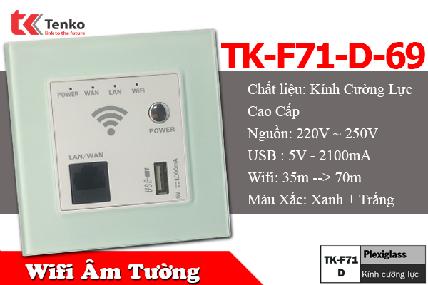 Bộ Khuyếch Đại Wifi Vuông Âm Tường Kính Cường Lực Tenko TK-F71-D-69 Xanh Mint
