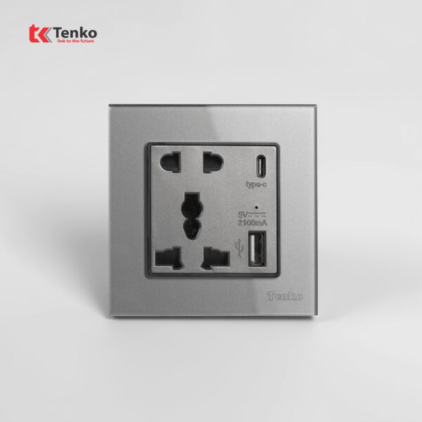 Ổ Cắm Có USB Âm Tường Mặt Kính Cường Lực Tenko TK-F71D-44 Xám