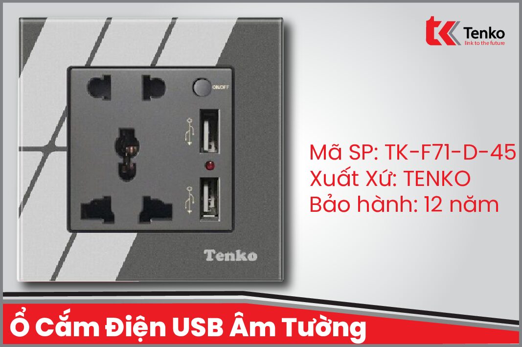 Ổ Cắm Điện USB Âm Tường Mặt Kính Cường Lực TK-F71-D-45 Có Nút Nguồn Mode Grey