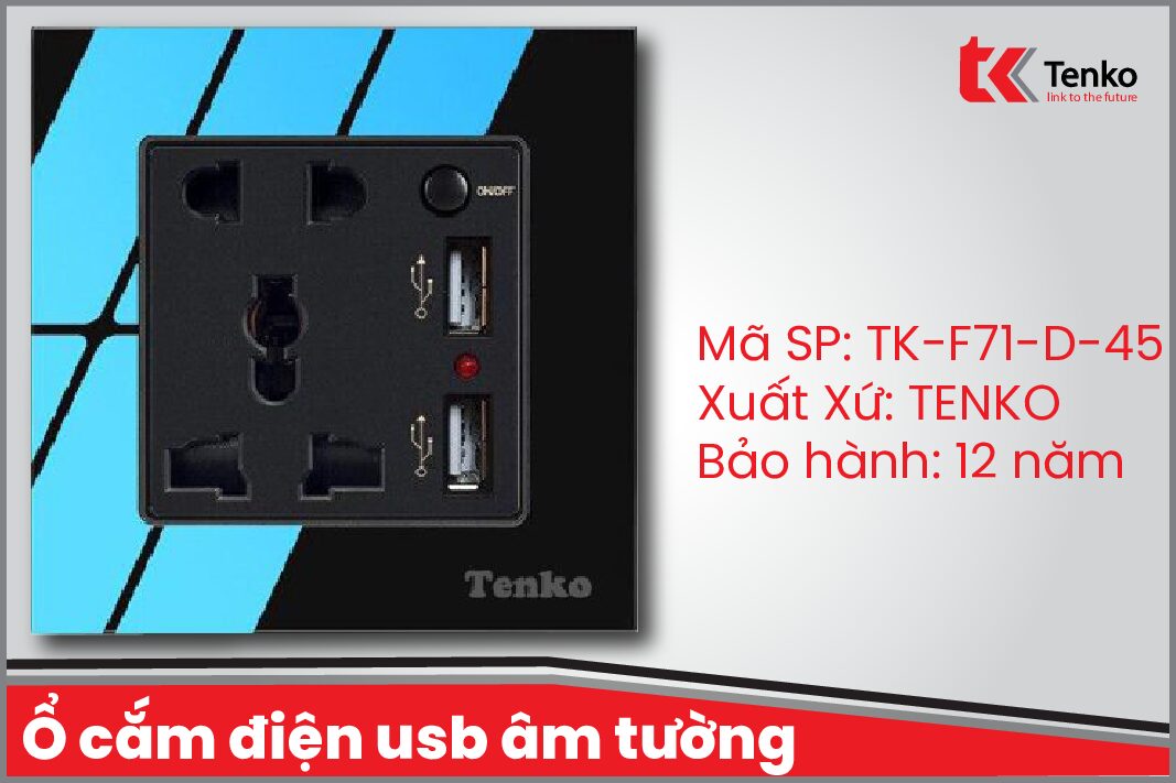 Ổ Cắm Điện USB Âm Tường Mặt Kính Cường Lực TK-F71-D-45 Có Nút Nguồn Đen
