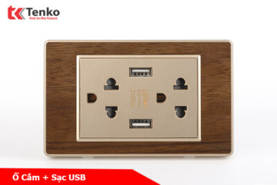 Ổ Điện Đôi 3 Chấu Có 2 Cổng USB Sạc Âm Tường Vân Gỗ Viền Vàng Tenko TK-C6-045