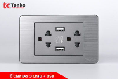 Ổ Cắm Điện Đôi 3 Chấu Có USB Màu Xám Âm Tường Mặt Hợp Kim Tenko TK-C7-045