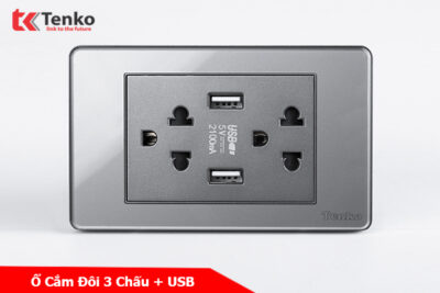 Ổ Điện Đôi 3 Chấu Tích Hợp 2 Cổng USB Sạc Âm Tường Màu Xám TENKO TK-C9-045