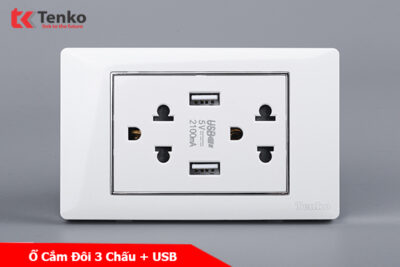 Ổ Điện Đôi 3 Chấu Tích Hợp 2 Cổng USB Sạc Âm Tường Màu Trắng Viền Bạc TENKO TK-C27-045