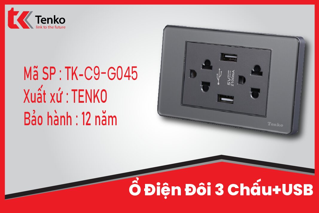 Ổ Điện Đôi 3 Chấu Có USB Sạc Màu Xám Mặt PVC Trong Chống Giật Tenko TK-C9-G045