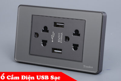 Ổ Điện Đôi 3 Chấu Có USB Sạc Màu Xám Mặt PVC Trong Chống Giật Tenko TK-C9-045