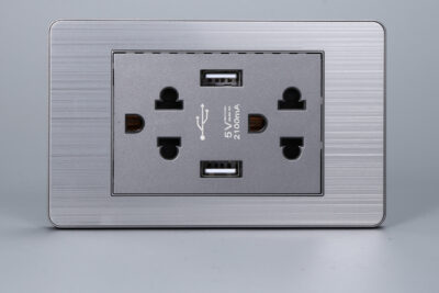 Ổ Cắm Điện Đôi 3 Chấu Có USB Màu Xám Âm Tường Mặt Hợp Kim Tenko TK-C7-045