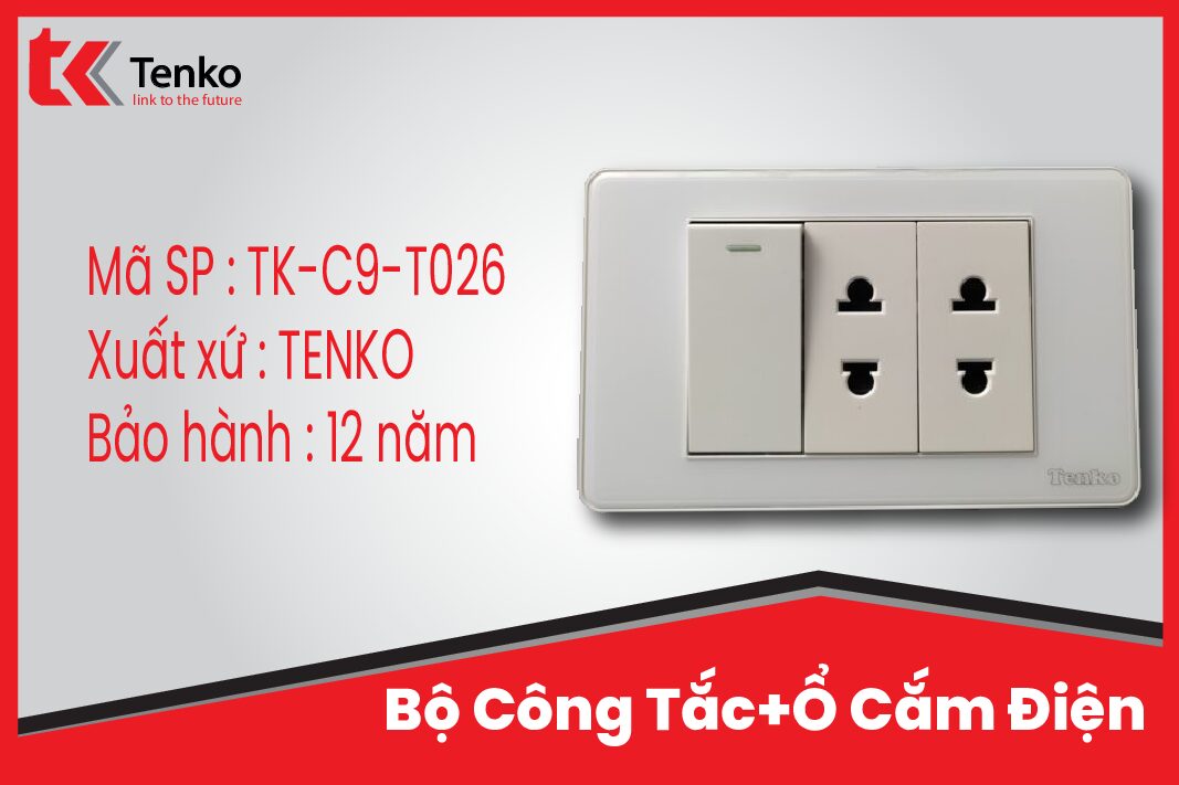 Bộ Công Tắc Ổ Cắm Điện Âm Tường Mặt PVC Trong Bo Viền Màu Trắng TENKO TK-C9-T026