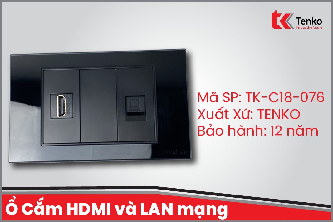 Ổ Cắm HDMI và LAN mạng Âm Tường Mặt Kính Cường Lực TENKO TK-C18-076 ĐEN