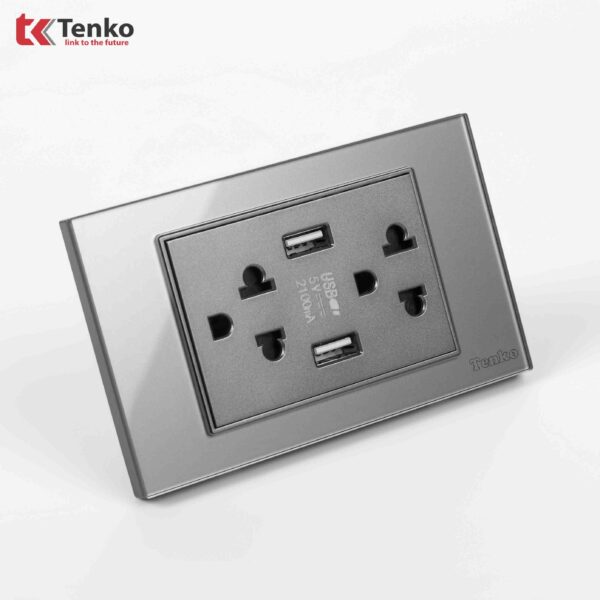 Ổ Cắm USB Đa Năng Điện Âm tường Mặt Kính Cường Lực TENKO TK-C18-045 Xám