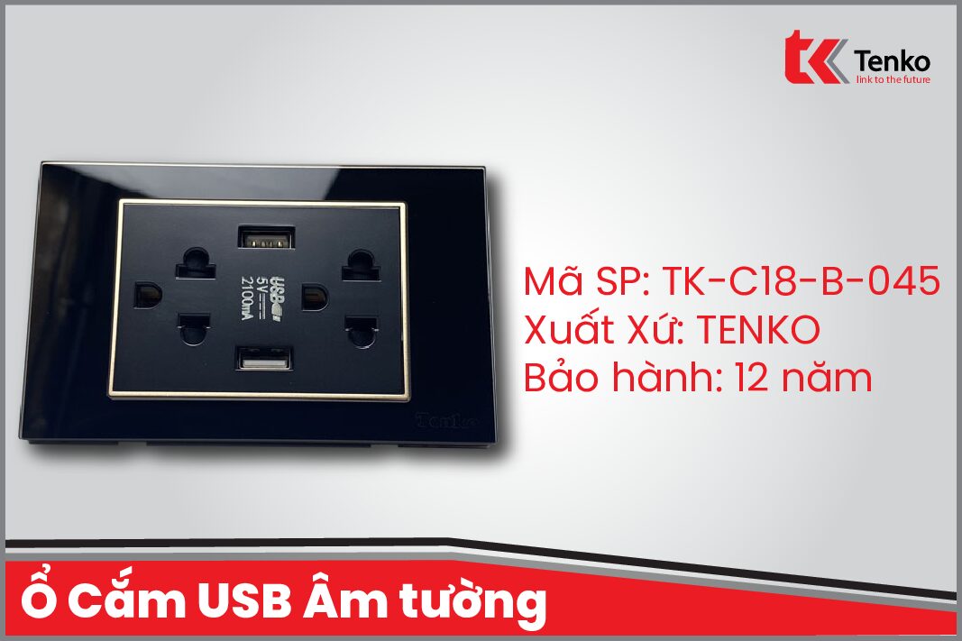 Ổ Cắm USB Âm tường Mặt Kính Cường Lực Đen Viền Vàng TENKO TK-C18-B-045