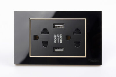 Ổ Cắm USB Âm tường Mặt Kính Cường Lực Đen Viền Vàng TENKO TK-C18B-045