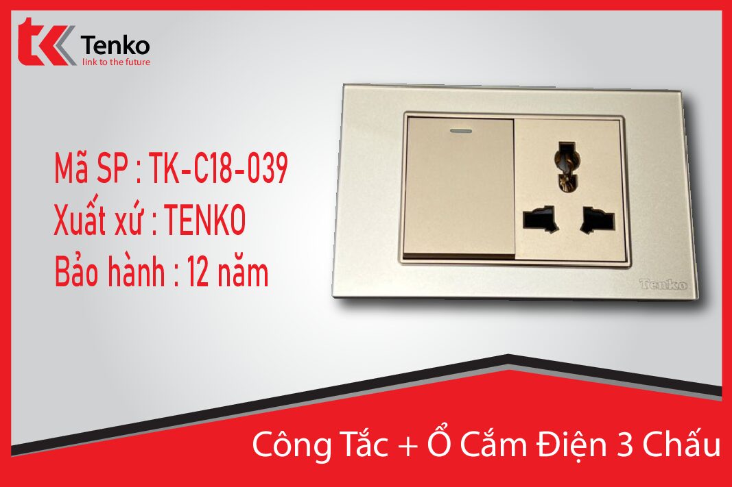 Công Tắc Ổ Cắm Điện Âm tường Mặt Kính Cường Lực Vàng TENKO TK-C18-039