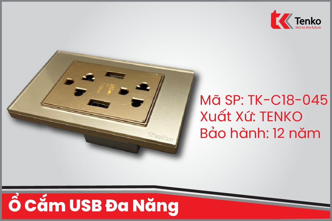 Ổ Cắm USB Đa Năng Điện Âm tường Mặt Kính Cường Lực TENKO TK-C18-045 Vàng