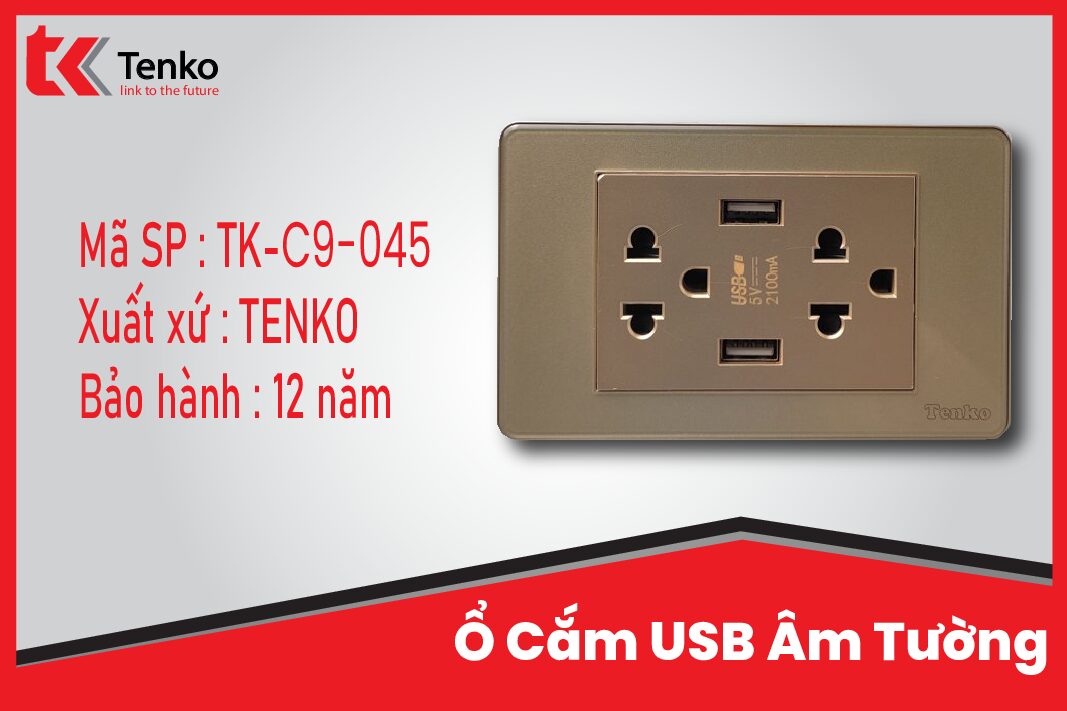 Ổ Cắm USB Âm Tường Cao Cấp TENKO TK-C9-045 Vàng