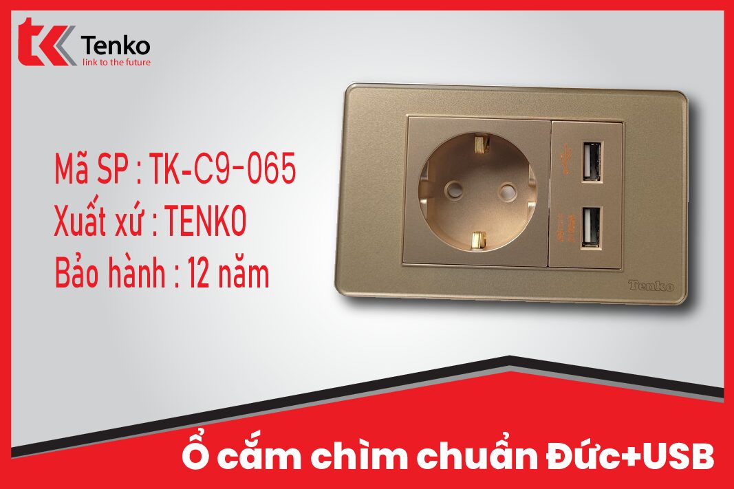 Ổ Cắm USB Âm Tường 1 Chiều và 2 Chiều Cao Cấp TENKO TK-C9-065 Vàng