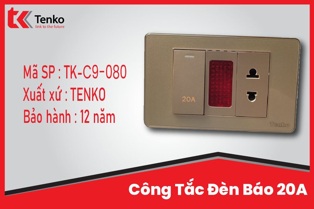 Công Tắc Đèn Báo 20A Âm Tường Cao Cấp TENKO TK-C9-080 Vàng