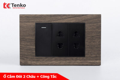 Bộ công tắc-Ổ cắm đôi 2 chấu âm tường mặt vân gỗ Tenko TK-C6A-025