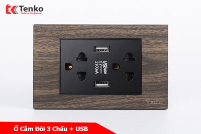 Ổ Điện Đôi 3 Chấu Có 2 Cổng USB Sạc Âm Tường Vân Gỗ Viền Vàng Tenko TK-C6A-045