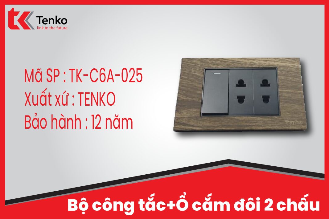 Bộ công tắc-Ổ cắm đôi 2 chấu âm tường mặt vân gỗ Tenko TK-C6A-025