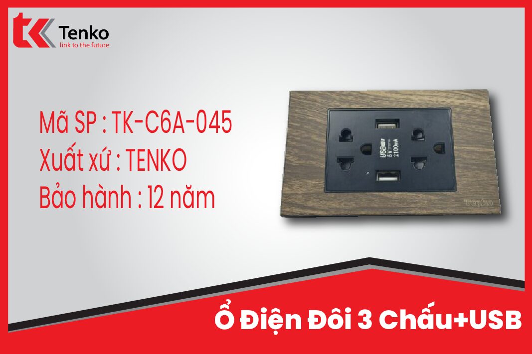 Ổ Điện Đôi 3 Chấu Có 2 Cổng USB Sạc Âm Tường Vân Gỗ Viền Vàng Tenko TK-C6A-045