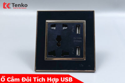 Ổ cắm đôi tích hợp USB Mặt Vuông Nhựa Đen Viền Vàng Tenko TK-F66-44