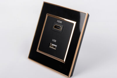 Ổ cắm HDMI + USB Mặt Vuông Nhựa Đen Viền Vàng Tenko TK-F66-76