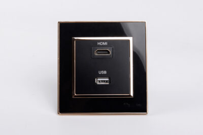 Ổ cắm HDMI + USB Mặt Vuông Nhựa Đen Viền Vàng Tenko TK-F66-76