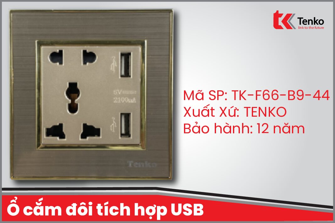 Ổ cắm đôi tích hợp USB Mặt Nhôm Phay Tenko TK-F66-B9-44 Vàng