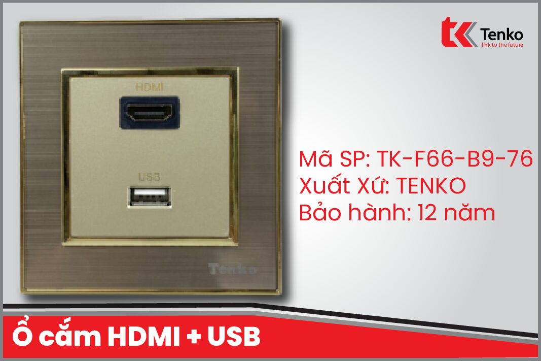 Ổ cắm HDMI + USB Mặt Nhôm Phay Tenko TK-F66-B9-76 Vàng