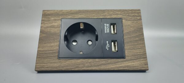 Ổ Cắm Điện Chống Giật Chuẩn Đức Tích Hợp 2 Cổng USB Sạc 5V Vân Gỗ Tenko TK-C6A-065