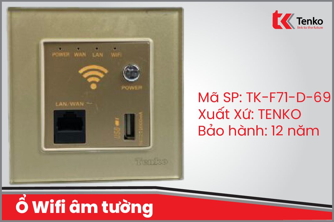 Ổ Wifi âm tường Mặt Kính Cường Lực Tenko TK-F71-D-69 Vàng