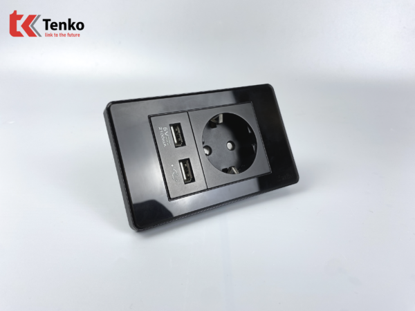 Ổ Cắm Chìm Chuẩn Đức Tích Hợp 2 Cổng USB Sạc Nhanh 5V-2100mAh Âm Tường Mặt Nhựa TENKO TK-C9-065 Đen