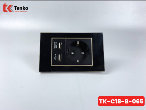 Ổ Cắm Chìm Chuẩn Đức + 2 USB Sạc Nhanh 2100mAh Mặt Kính Cường Lực Đen Viền Vàng TENKO TK-C18-B-065