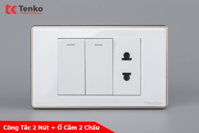 Công Tắc 2 Nút Và Ổ Cắm Đôi Âm Tường Mặt Kính Cường Lực Màu Trắng Viền Vàng TENKO TK-C18W-027