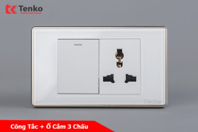 Công Tắc Ổ Cắm Điện Âm Tường Mặt Kính Cường Lực Cao Cấp Trắng Viền Vàng TENKO TK-C18W-041