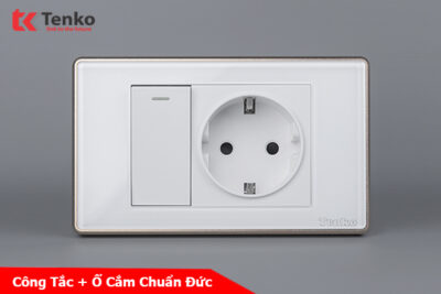 Công Tắc Ổ Cắm Điện Âm tường Mặt Kính Cường Lực Trắng Viền Vàng TENKO TK-C18W-059