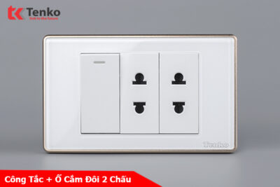 Công Tắc Ổ Cắm Điện Âm tường Mặt Kính Cường Lực Trắng Viền Vàng TENKO TK-C18W-025