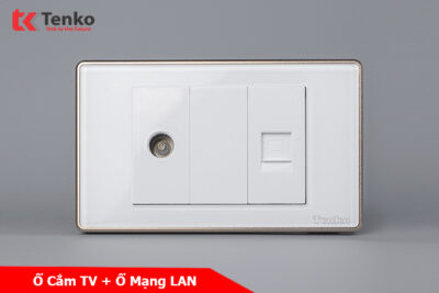 Ổ Cắm Mạng LAN + TV Âm Tường Mặt Kính Cường Lực Trắng Viền VÀNG TENKO TK-C18W-075