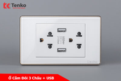 Ổ Cắm USB Âm tường Mặt Kính Cường Lực Trắng Viền Vàng TENKO TK-C18W-045