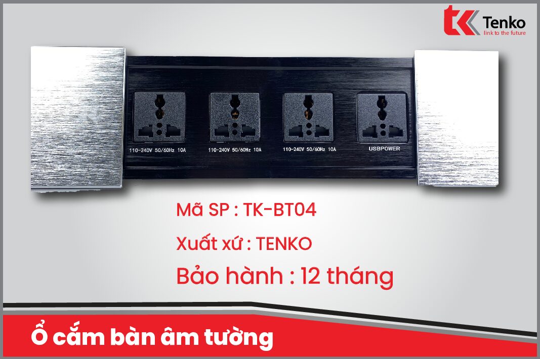 Hộp ổ điện âm bàn Tenko TK-BT04 nắp trượt màu bạc cao cấp