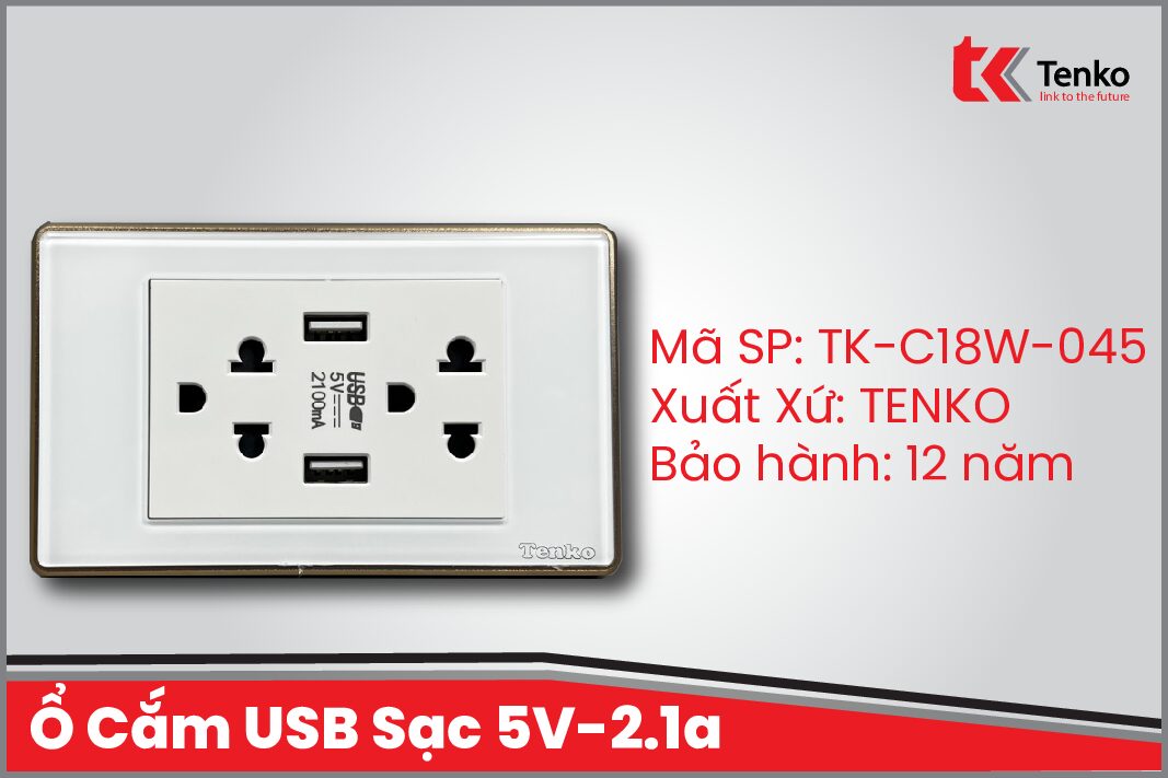 Ổ Cắm USB Sạc 5V-2.1a Mặt Kính Cường Lực Trắng Viền Vàng TENKO TK-C18W-045