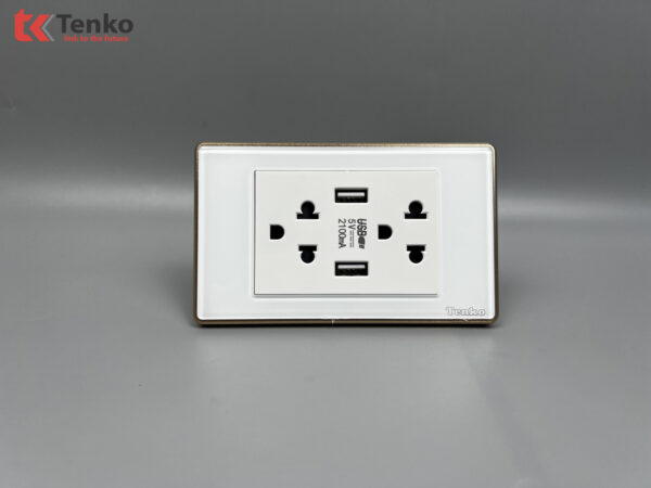 Ổ Cắm USB Sạc 5V-2.1a Mặt Kính Cường Lực Trắng Viền Vàng TENKO TK-C18W-045