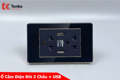 Ổ Cắm Điện Đôi 3 Chấu Có USB Màu Đen Viền Vàng Âm Tường Mặt Nhựa Tenko TK-C26-045